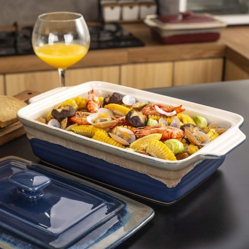  Casserole Dish with Lid, LOVECASA Covered Casserole Dish Set, 13x9 Baking Dish Lasagna Pan Deep, 4 Quart Ceramic Bakeware Set for Oven, Indigo Gray Gradient