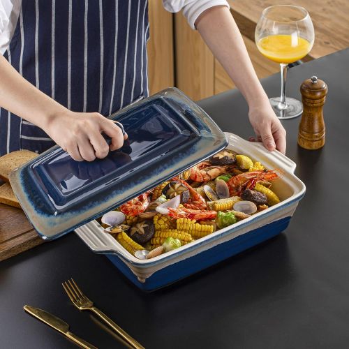  [아마존베스트]LOVECASA Stoneware Large Casserole Dish with Lid, 4.2 Quart Covered Rectangular Casserole Dish Set, Deep Bakeware Pans Set for Lasagne and Casseroles with Lid, 12.8 x 9.4 x 3.5 Inc