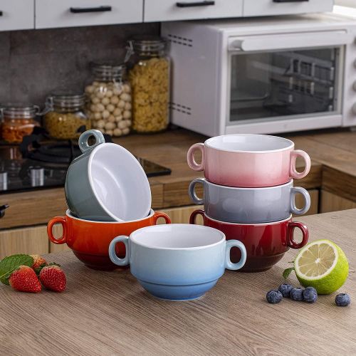  [아마존베스트]LOVECASA Stoneware Soup Bowls with Handles, Small French Onion Soup Crocks Bowl, 13 Ounce Oven Safe Bowls Sets For French Onion Soup , Cereal, Stew, Oatmeal or Chili, Set of 6, 4.1