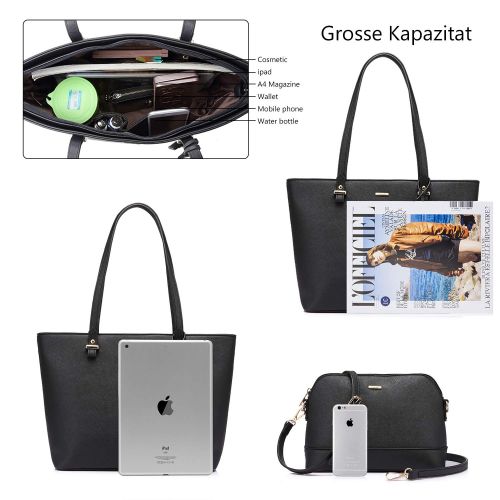  [아마존 핫딜]  [아마존핫딜]LOVEVOOK Handtasche Damen Shopper Schultertasche Schwarz Umhangetasche Damen Geldboerse Tragetasche Gross Damen Tasche Tote fuer Buero Schule Einkauf Reise Leder Handtasche 3-teiliges