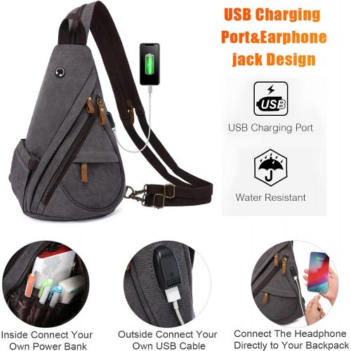 LOVEVOOK Sling Bag Canvas Crossbody Backpack Genuine Leather Shoulder Bag Casual Daypacks For Men Cycling Hiking Travel
