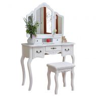 LOVINLAND Lovinland Dressing Table, Tri-fold Mirror 5-Drawer Dresser with Dressing Stool White