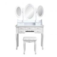 LOVINLAND Lovinland 7 Drawers Make-Up Vanity Table Set 3 Folding Mirrors Dressing Table with Cushioned Stool Wood White