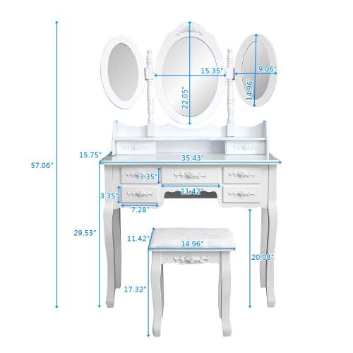  LOVINLAND Lovinland 7 Drawers Make-Up Vanity Table Set 3 Folding Mirrors Dressing Table with Cushioned Stool Wood White