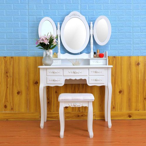  LOVINLAND Lovinland 7 Drawers Make-Up Vanity Table Set 3 Folding Mirrors Dressing Table with Cushioned Stool Wood White