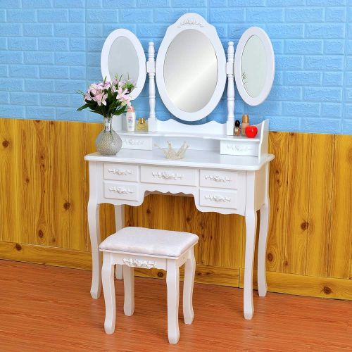  LOVINLAND Lovinland 7 Drawers Make-Up Vanity Table Set 3 Folding Mirrors Dressing Table with Cushioned Stool Wood White