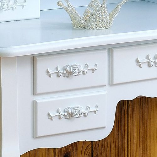  LOVINLAND Lovinland 7 Drawers Make-Up Vanity Table Set 3 Folding Mirrors Dressing Table with Cushioned Stool Wood White