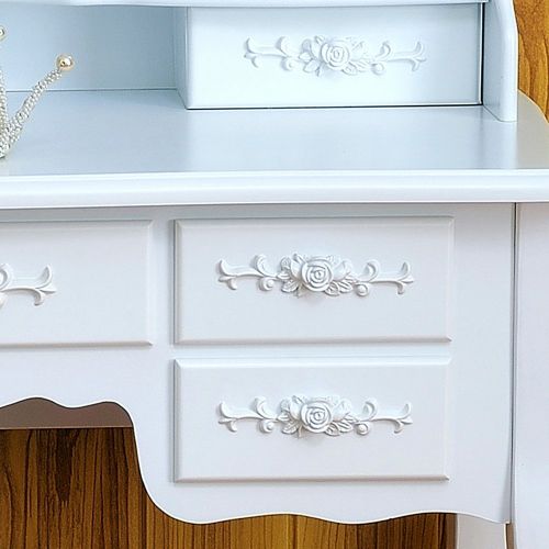  LOVINLAND Lovinland 7 Drawers Make-Up Vanity Table Set 3 Folding Mirrors Dressing Table with Cushioned Stool Wood White