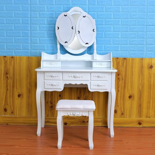  LOVINLAND Lovinland 7 Drawers Make-Up Vanity Table Set 3 Folding Mirrors Dressing Table with Cushioned Stool Wood White