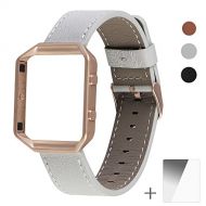 Fitbit Blaze Bands,LOVLEOP Full Grain Leather Strap Smart Fitness Watch Band (Light Grey Band+Golden Frame, Medium-Large)