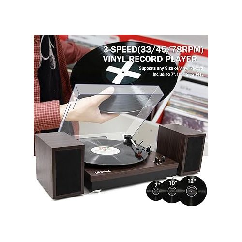  LP&No.1 Record Player, Vinyl Turntable with Stereo Bookshelf Speakers, 3-Speed Belt-Drive Turntable for Vinyl Albums with Auto Off and Wireless (Dark Brown)