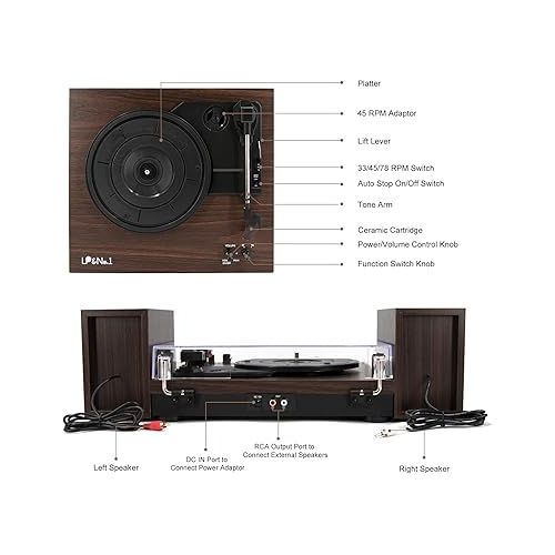  LP&No.1 Record Player, Vinyl Turntable with Stereo Bookshelf Speakers, 3-Speed Belt-Drive Turntable for Vinyl Albums with Auto Off and Wireless (Dark Brown)