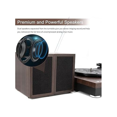  LP&No.1 Record Player, Vinyl Turntable with Stereo Bookshelf Speakers, 3-Speed Belt-Drive Turntable for Vinyl Albums with Auto Off and Wireless (Dark Brown)