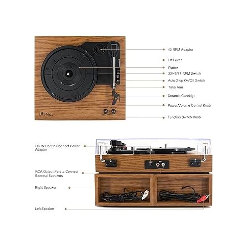  LP&No.1 Record Player, Wireless Turntable with Stereo Bookshelf Speakers,Vinyl Record Player,Support Wireless,Auto-Stop.(Yellow Wood)