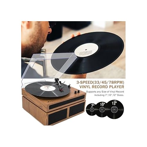  LP&No.1 Record Player, Wireless Turntable with Stereo Bookshelf Speakers,Vinyl Record Player,Support Wireless,Auto-Stop.(Yellow Wood)