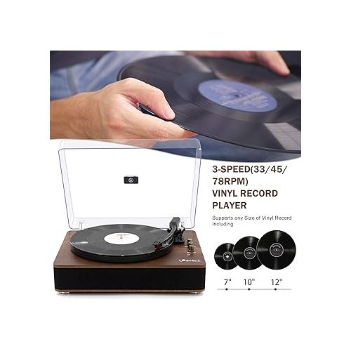  LP&No.1 Record Player with Stereo Speakers, 3-Speed Belt-Drive Turntable for Vinyl Records with Wireless Playback and Auto-Stop,Walnut Wood