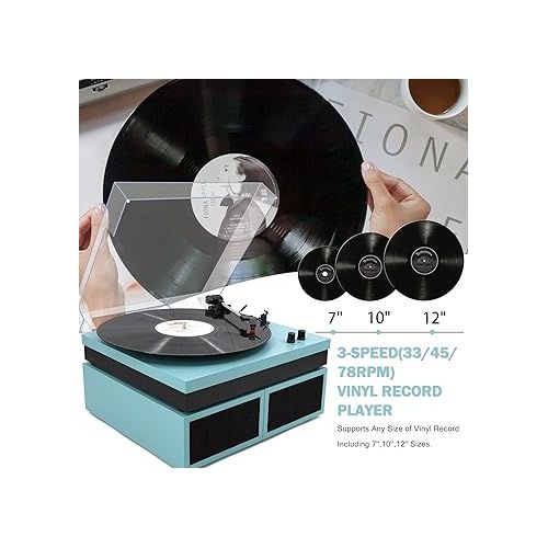  LP&No.1 Vinyl Record Player with External Speakers, 3-Speed Belt-Drive Turntable for Vinyl Albums with Auto Off and Wireless Input,(Blue Leather)