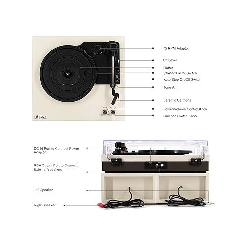  LP&No.1 Wireless Turntable with Stereo Bookshelf Speakers, Retro Record Player with Wireless Playback, 3 Speed Belt-Drive Vintage Turntable with Auto Off, Milk White