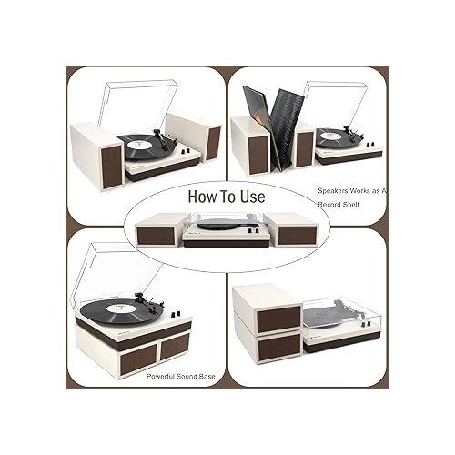  LP&No.1 Wireless Turntable with Stereo Bookshelf Speakers, Retro Record Player with Wireless Playback, 3 Speed Belt-Drive Vintage Turntable with Auto Off, Milk White