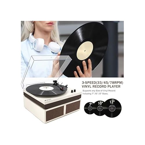  LP&No.1 Wireless Turntable with Stereo Bookshelf Speakers, Retro Record Player with Wireless Playback, 3 Speed Belt-Drive Vintage Turntable with Auto Off, Milk White