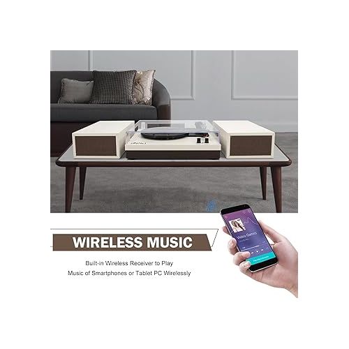  LP&No.1 Wireless Turntable with Stereo Bookshelf Speakers, Retro Record Player with Wireless Playback, 3 Speed Belt-Drive Vintage Turntable with Auto Off, Milk White