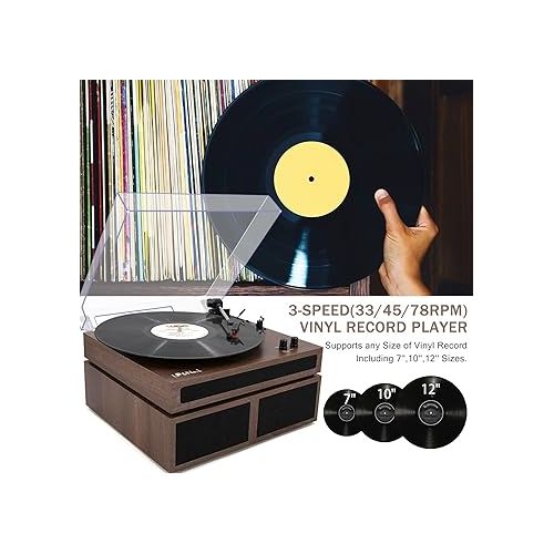  LP&No.1 Record Player, Wireless Turntable with Stereo Bookshelf Speakers,Vinyl Record Player,Support Wireless,Auto-Stop.Walnut Wood