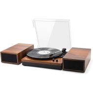 LP&No.1 Wireless Vintage Record Player with Dual External Speakers,Wireless Turntable with RCA Output & Wireless Input,Mahogany Brown Wood