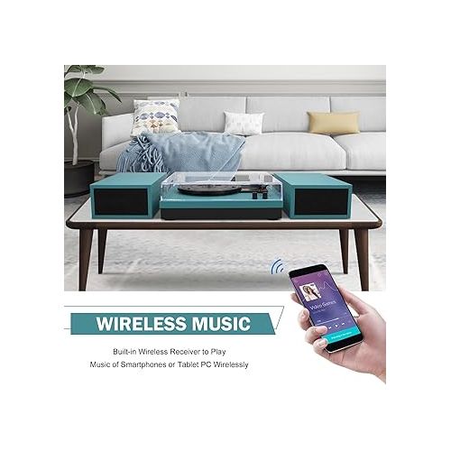  LP&No.1 Wireless Turntable with Stereo Bookshelf Speakers, Retro Record Player with Wireless Playback, 3 Speed Belt-Drive Vintage Turntable with Auto Off,Soft Touch Feel Surface,Lake Blue