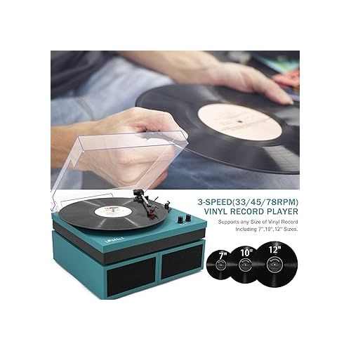  LP&No.1 Wireless Turntable with Stereo Bookshelf Speakers, Retro Record Player with Wireless Playback, 3 Speed Belt-Drive Vintage Turntable with Auto Off,Soft Touch Feel Surface,Lake Blue