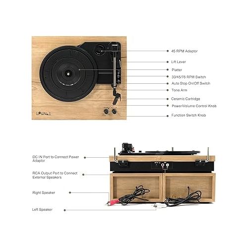  LP&No.1 Vinyl Record Player with Stereo Bookshelf Speakers, 3-Speed Belt-Drive Turntable for Vinyl Albums with Wireless Music Playback, Built-in Pre-Amplifier & Auto Stop | Beige Wood