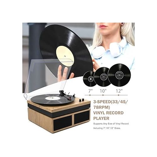 LP&No.1 Vinyl Record Player with Stereo Bookshelf Speakers, 3-Speed Belt-Drive Turntable for Vinyl Albums with Wireless Music Playback, Built-in Pre-Amplifier & Auto Stop | Beige Wood