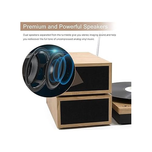  LP&No.1 Vinyl Record Player with Stereo Bookshelf Speakers, 3-Speed Belt-Drive Turntable for Vinyl Albums with Wireless Music Playback, Built-in Pre-Amplifier & Auto Stop | Beige Wood