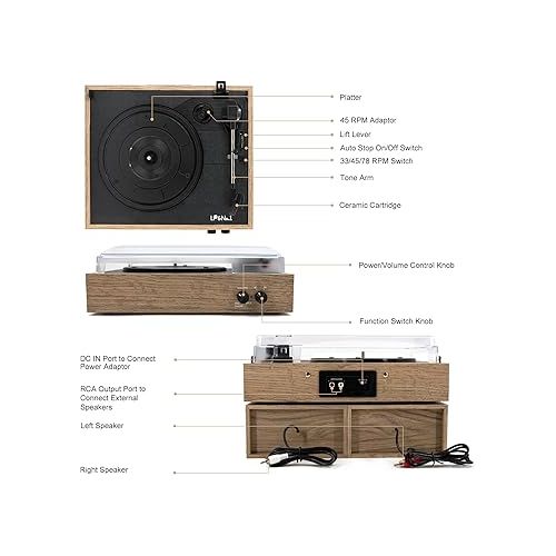  LP&No.1 Wireless Turntable with Stereo Bookshelf Speakers, 3 Speed Vintage Belt-Drive Turntable with Wireless Playback & Auto-Stop & Wireless Input, Light Wood