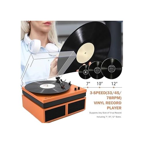  Vinyl Record Player, Vinyl Turntables with Dual Stereo Bookshelf External Speakers, Adjustable 3-Speed Belt-Drive Turntable, LP Player with RCA, Auto Stop,(Orange Leather Wrapped)