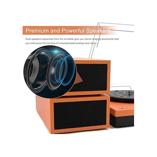  Vinyl Record Player, Vinyl Turntables with Dual Stereo Bookshelf External Speakers, Adjustable 3-Speed Belt-Drive Turntable, LP Player with RCA, Auto Stop,(Orange Leather Wrapped)