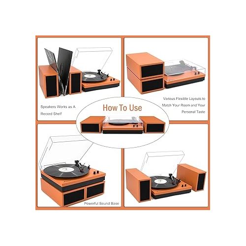  Vinyl Record Player, Vinyl Turntables with Dual Stereo Bookshelf External Speakers, Adjustable 3-Speed Belt-Drive Turntable, LP Player with RCA, Auto Stop,(Orange Leather Wrapped)