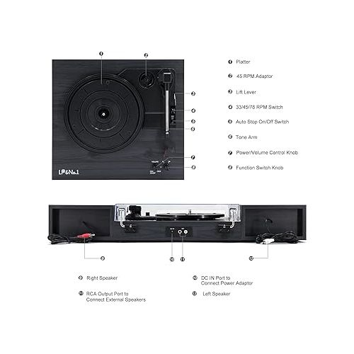  LP&No.1 Vinyl Record Player with Stereo Bookshelf Speakers, Vintage Wood Finish, 3-Speed Belt-Drive Turntable with Wireless Input Playback Mode, RCA Output, Auto Stop | Black Gray