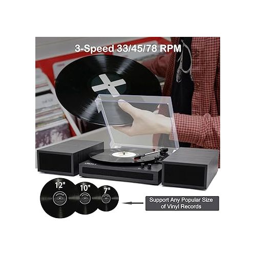  LP&No.1 Vinyl Record Player with Stereo Bookshelf Speakers, Vintage Wood Finish, 3-Speed Belt-Drive Turntable with Wireless Input Playback Mode, RCA Output, Auto Stop | Black Gray