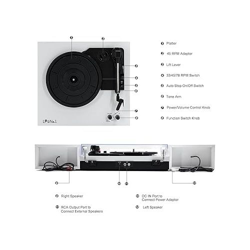  Vinyl Record Player with Stereo Bookshelf Speakers, 3-Speed Belt-Drive Turntable, LP Player with Wireless Playback, Wood Grain Finish, Auto-Stop Switch, RCA for Music Lover & Home Decoration, White