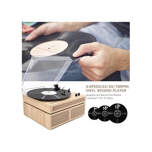  LP&No.1 Record Player, Wireless Turntable with Stereo Bookshelf Speakers,Vinyl Record Player,Support Wireless,Auto-Stop,Light Wood