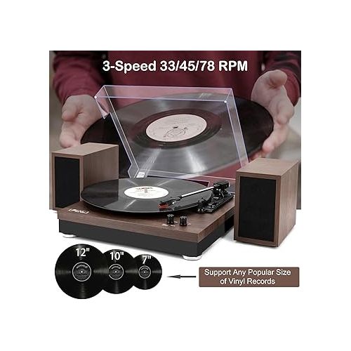  LP&No.1 Vinyl Record Player with Dual Stereo Bookshelf Speakers, 3-Speed Belt-Drive Turntable, LP Player with Wireless Playback for Digital Music, RCA Output, Auto-Stop Switch | Walnut