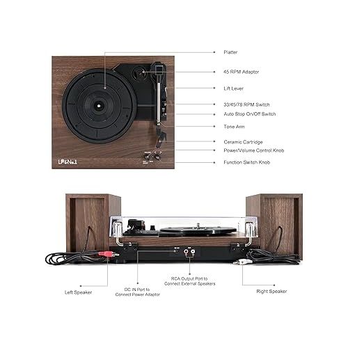  LP&No.1 Vinyl Record Player with Dual Stereo Bookshelf Speakers, 3-Speed Belt-Drive Turntable, LP Player with Wireless Playback for Digital Music, RCA Output, Auto-Stop Switch | Walnut