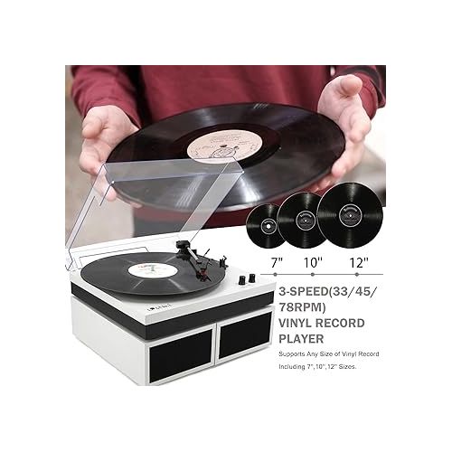  LP&No.1 Modern Turntable Record Player Bundle with Dual Powered Bookshelf Speaker Pair, Built-in, Phono Preamp, Belt Drive, 3-Speed, Wireless Input, Wireless Music Streaming (MWL White Color)