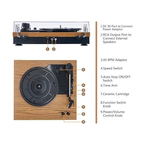  LP&No.1 Wireless Vinyl Record Player with External Speakers, 3-Speed Belt-Drive Turntable for Vinyl Albums with Auto Off and Wireless Input, Yellow Wood