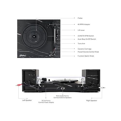  Vinyl Record Player with Dual Portable Stereo Speakers, 3-Speed Belt-Drive Turntable with BT 5.0 Wireless Music Streaming, RCA Output, Auto-Stop Switch | Black Marbling