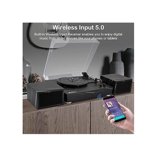  Vinyl Record Player with Dual Portable Stereo Speakers, 3-Speed Belt-Drive Turntable with BT 5.0 Wireless Music Streaming, RCA Output, Auto-Stop Switch | Black Marbling