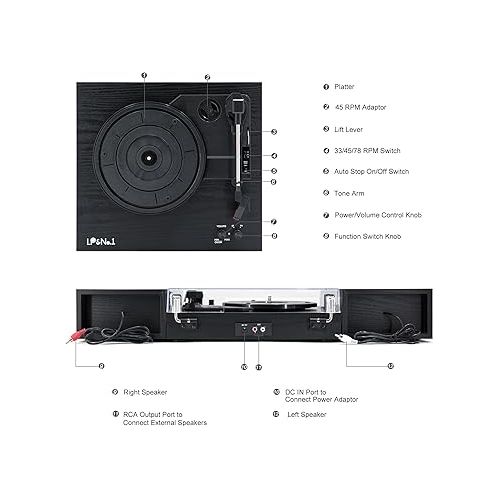  Vinyl Record Player with Stereo Bookshelf Speakers, 3-Speed Belt-Drive Turntable, Vintage Wood Finish LP Player with Wireless Playback, Auto-Stop Switch, RCA for Music Lover & Home Decoration | Black