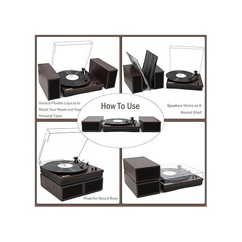  Vinyl Record Player with External Speakers, 3-Speed Belt-Drive Turntable, Vintage Vinyl LP Player with Wireless Input, Auto-Stop Switch, RCA for Music Lover & Home Decoration,Dark Brown Wood