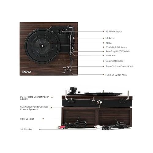  Vinyl Record Player with External Speakers, 3-Speed Belt-Drive Turntable, Vintage Vinyl LP Player with Wireless Input, Auto-Stop Switch, RCA for Music Lover & Home Decoration,Dark Brown Wood
