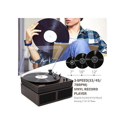  Vinyl Record Player with External Speakers, 3-Speed Belt-Drive Turntable, Vintage Vinyl LP Player with Wireless Input, Auto-Stop Switch, RCA for Music Lover & Home Decoration,Dark Brown Wood